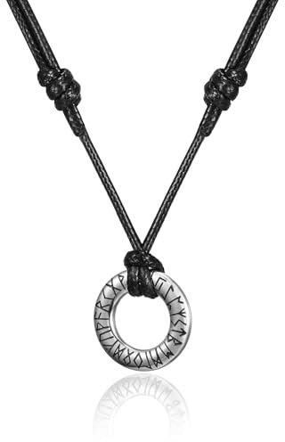 HSWYFCJY Wikinger Rune Halskette Herren Geflochtene Lederkette mit Silber Runder Runen Anhänger Edelstahl Nordische Talisman Anhänger Halskette Schmuck Geschenke für Männer Damen