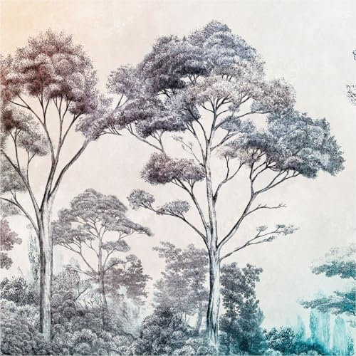 TADESSI Fototapete Bäume M1–No.11782 Fototapete Bunt Creme Blau Orange Braun – Tapete Urwald Wohnzimmer Schlafzimmer Küche