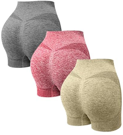Generisch 3er Pack Damen Gym Shorts Kurz Leggings Nahtlose Kurze Sporthose Radlerhose Blickdicht High Waist Bauchweg Unterhosen Kurz Versteckte Scrunch Butt Lifting für Yoga Workout Athletic Fitness