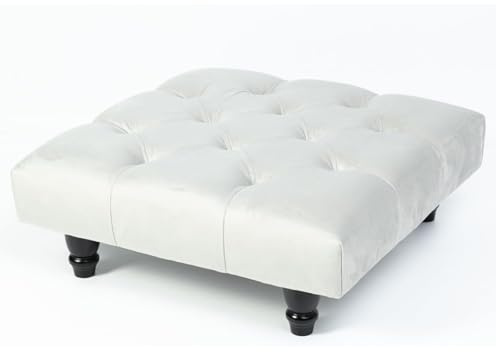 Kiswa collection Chesterfield Footstool - Plush Velvet Upholstered Pouffe with Wood Legs, Elegant Coffee Table Footrest, Matching Buttons, Stylish Home Decor (silver, 25D x 60W x 60H cm)