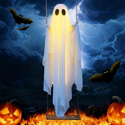 Halloween Swinging Ghost Hanging Decorations Outdoor, Light Up Large Spooky Tree Decor Kit with String Lights, Scary Halloween Party Decoration for Outside Garden Yard Lawn Home