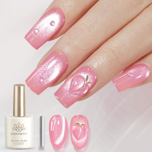 BORN PRETTY Cat Magnetic Eye Gel Nail Polish with Magnet 15ml Jelly Glass Galaxy Glitter Translucent Sheer Effect Gel Polish Salon Home DIY(Peach Boba)