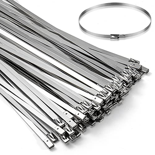 100PCS 4.6 * 300mm Metal Cable Zip Ties - 304 Stainless Steel Heavy Duty Self-Locking Cable Wire Tie Wrap for Fence Exhaust Wrapping Car Outdoor Canopy Automotive