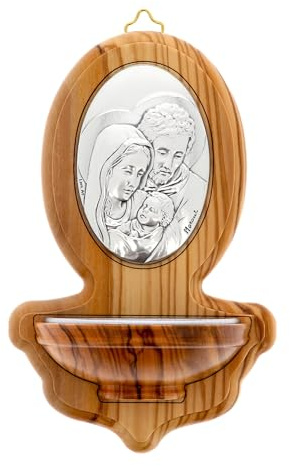 SHALOM - Acquasantiera in Legno D'ulivo Sacra Famiglia. Altezza 15,5 Cm