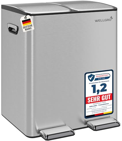 WELLGRO Mülleimer Küche 30 Liter – Edelstahl Treteimer 2x15 Liter silber mit Softclose-Deckel, Mülltrennsystem mit 2 Fächern und Kunststoff-Inneneimern