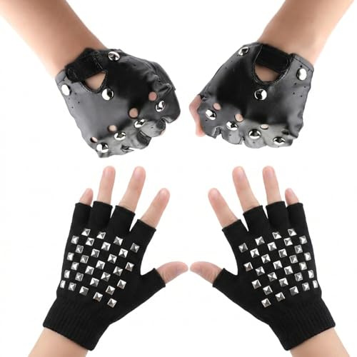 GWEOR 2 Paar Punk Accessoires Handschuhe Fingerlos Biker Rocker Lederhandschuhe Motorrad Biker Handschuhe Mit Nieten mit Nieten Schwarz Rocker Accessoire Kostümzubehör Mottoparty Karneval