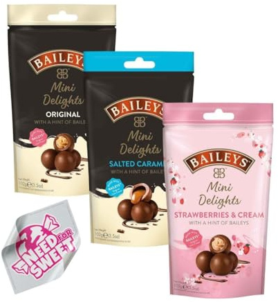 Baileys Mini Delights Trüffel 3er Set 306 g inkl. Needforsweet Aufkleber – Irish Cream Schokoladentrüffel Mix mit den Sorten Original, Strawberry und Salt Caramel, zum Teilen & Genießen -Bundle