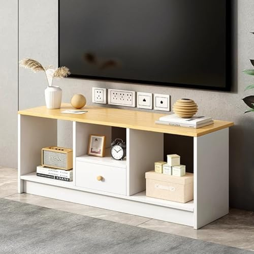 LevalCraft Wooden TV Stand with Drawer, 90cm Wide Compact Media Console Table, Open Shelves TV Unit for Living Room & Bedroom, 3-Compartment Lowboard for Small Spaces (90 x30 x40cm, Warm White)