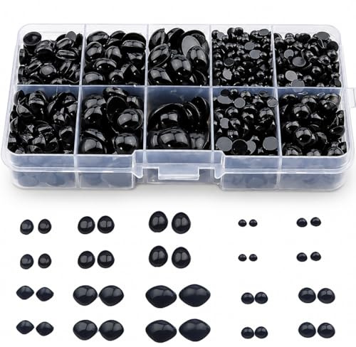 GILWUMO 1000 Pezzi Occhi e Naso in Acrilico per Amigurumi, Senza Colla e Adesivo, Base Piatta, Formato Misto 10 Dimensioni, Nero Lucido, Accessori per Fai da Te, Creazione Pupazzi