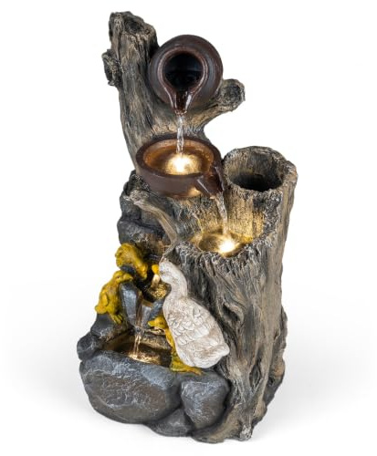 HOMASIS Fontaine de Jardin à 5 Niveaux avec Éclairage LED | Fontaine Décorative à Aspect Pierre avec Canards, Pot de Fleurs et Débit Réglable pour Cour Terrasse Balcon