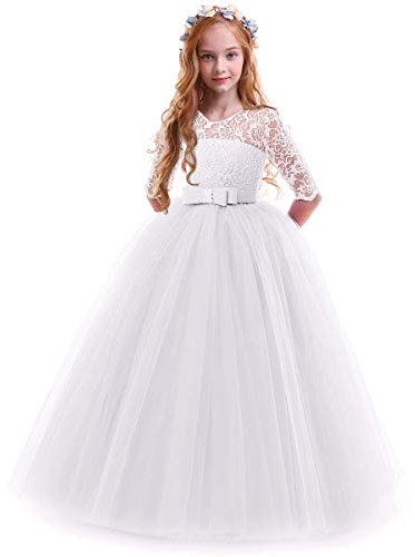 IWEMEK Flower Girls 3/4 Sleeve Floral Lace Tulle First Communion Pageant Dresses Kids Big Girls Princess Birthday Carnival Christmas Bridesmaid Wedding Party Prom Ball Gown White 9-10 Years