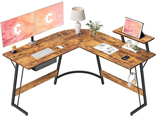 CubiCubi Eckschreibtisch Studie 130 x 130 cm, Stabil Schreibtisch l Form für Büro, Pc Ecktisch Computertisch Mit Monitorständer und Schubladen, Platzsparend, Einfach zu Montieren Eck Tisch, Braun