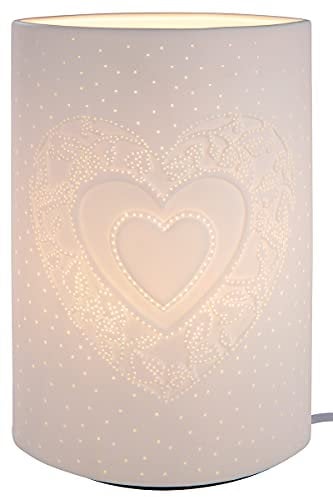 GILDE Porzellan Lampe Tischlampe - Nachttischlampe - Herz Design - Hochzeitsgeschenk - Deko Hochzeit - Farbe: weiss - Höhe 28 cm