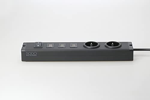 BODO Design Auminium Steckdosenleiste, 2fach + 3USB (Black Elegance), zum Laden von Smartphone, Tablet usw. mit 1,5 m Zuleitung, 0601x0a02223103