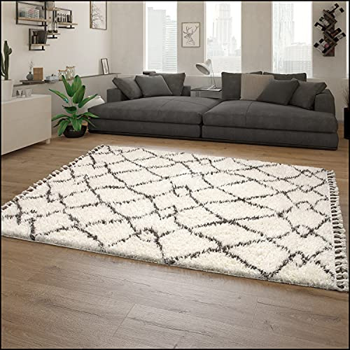 Paco Home Hochflor Teppich Wohnzimmer Shaggy Skandinavisch Fransen Flauschig Modern Langflor, Grösse:60x100 cm, Farbe:Creme