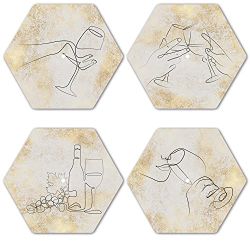 Interluxe LED Untersetzer Hexagon 4er Set - Wine Lineart Gold - Vier leuchtende Design Untersetzer als Tischdeko, Geschenkidee, Lineart, Elegant