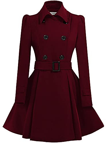 ForeMode Damen Swing zweireihiger Wolle Erbsenmantel mit Gürtelschnalle Frühling mittellang Langarm Revers Kleider Outwear