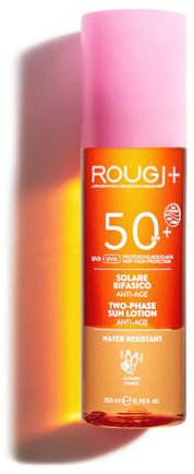 Rougj Solare Viso SPF 50+ Bifasico Anti-Age Protezione Solare Viso Alta Non Unge, Idratante, Anti-Macchie, Leggera, per Pelle Sensibile e Grassa - 200ml - Made in Italy