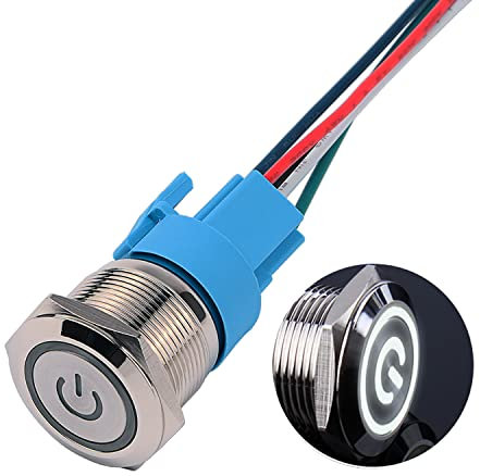 JIQI 22mm Selbstsperrend Metall Druckschalter 12V bis 24V 5A Latching EIN/AUS Schalter mit weißem LED Symbol IP66 1NO1NC Rastende wasserdichte vorverdrahte Drucktastenschalter für Boot LKW RV Auto