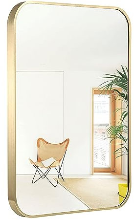 UMZODO 50.8x76.2 cm, gebürstetes französisches Gold, Spiegel für Wand, goldfarbener, abgerundeter rechteckiger Spiegel mit Metallrahmen, tiefes Design, Schlafzimmer, vertikal oder horizontal