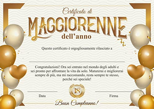 GHIBLI Certificato di maggiorenne dell'anno - Attestato Diploma idea regalo originale compleanno 18 anni - Biglietto auguri compleanno ragazzo di 18 anni