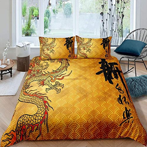 LUYAPOND Bettwäsche 140x200 Chinesischer Drache Bettwäsche Set, Schließung Weich Atmungsaktive Mikrofaser Sommer Bettbezüge, 1 Bettbezug mit Reißverschluss + 1 Kissenbezug 80x80 cm