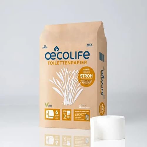 oecolife Toilettenpapier STROH, 3-lagig, 6 Rollen á 150 Blatt, kratzt nicht, superweich, plastikfrei verpackt, vegan, nachhaltiges Klopapier