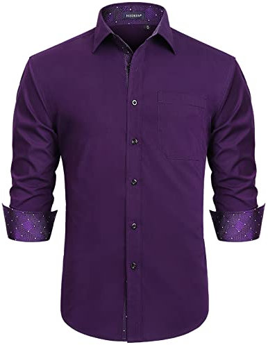 Camicia da Uomo Viola da Uomo Manica Lunga Formale Button Down Pois Marroni da Lavoro Colletto Floreale Elegante alla Moda vestibilità Regolare Camicia Viola Scuro M