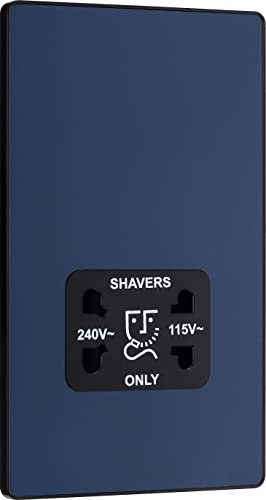 BG Electrical - Presa elettrica a doppia tensione, presa di ricarica per spazzolino elettrico, per bagno, piastra frontale senza viti, bordi arrotondati, Evolve, 2 pin, blu opaco, 115 V/240 V,