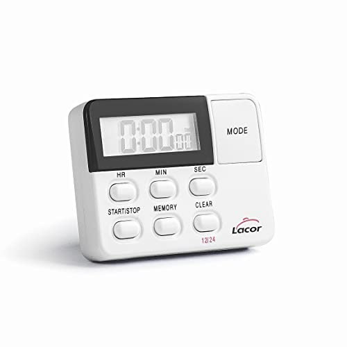 Lacor - 60802 - Horloge de cuisine avec alarme, minuterie, programmable, écran LCD, compte à rebours maximum: 24 h, blanc