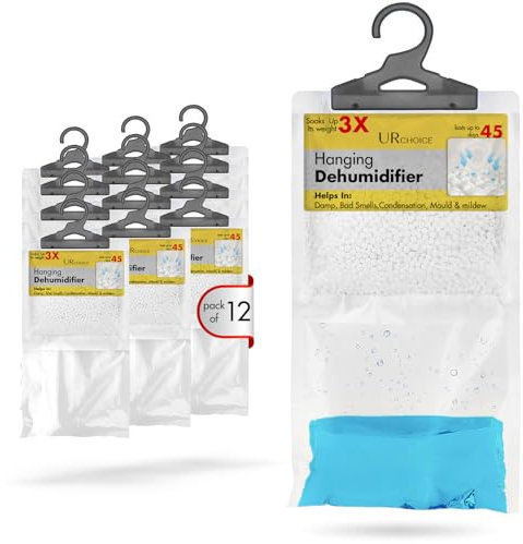UR CHOICE Wardrobe Dehumidifier Hanging Bags, Pack of 12 Moisture Absorber for Damp, Mould & Condensation, Home Essentials Leakproof Dehumidifier for Kitchen, Bathroom, Bedroom, Office & Small Spaces