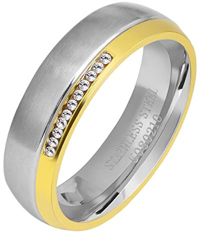 Akzent-Eheringe Partnerringe Verlobungsringe Edelstahl mit Simili+ Gravur goldfarbig silberfarbig (Damenring, 52)