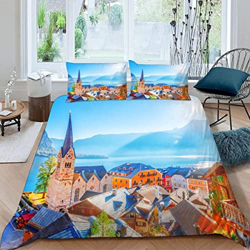 Österreichische Architektur Kinder Bettwäsche-Sets 135x200 3d Druck 3-teilig Bettwäsche 100% Mikrofaser Weiche mit Reißverschlus Stadtansicht Soft Kuschelig Bettbezüge mit 2 Kissenbezug 80x80 cm