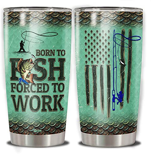 WAZONE Fishing Insulated Tumbler Cup 20oz American Flag Vacuum Travel Mug Stainless Steel Tumblers Born To Fish Forced To Work Thermos Funny Gifts Birthday Fathers Day Christmas for Dad Men Fisherman