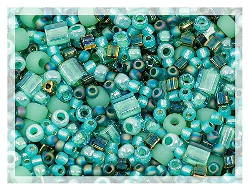 10g of TOHO mix - small Rocailles, Seed Beads and Bugles, Japan, MIX turquoise (like 3203 - Take-Seafoam/Green)