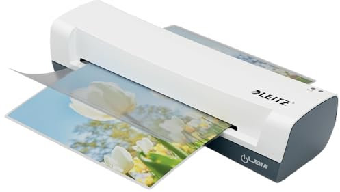Leitz iLAM Home A4 Laminiergerät, Für 75 bis 125 mic Laminierfolien, 3 Minuten Aufwärmzeit, Inkl. Starterkit mit Folien, Ideal für den Einsatz Zuhause, Home Office & Schule, Weiß, 74310001