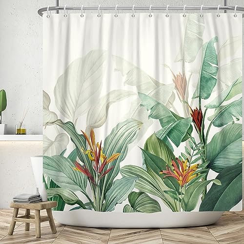 ASDCXZ Rideau de Douche Feuilles 180x220 cm, Feuilles Vertes Tropicales Fleurs Rouges Jaunes Blanc Lavables en Textile Rideau de Bain imperméable pour Baignoire avec 12 Crochets
