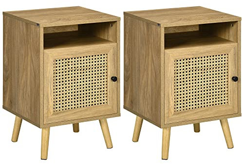 HOMCOM Lot de 2 Table de Chevet Table de Nuit avec Placard Porte cannage et Niche Design Vintage 39 x 35 x 60 cm Naturel