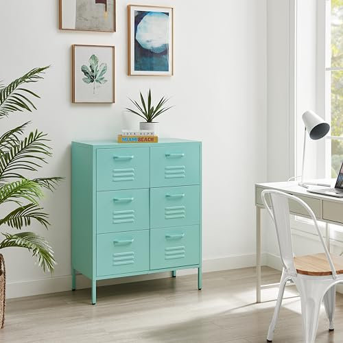Furniturebox UK Light Blue Metal 6 Drawer Sideboard - Teksi - Industrial Metal Locker Filing Style Cabinet - Living Room Bedroom Bathroom Office Storage - Chest of Drawers - Modern Fun Design