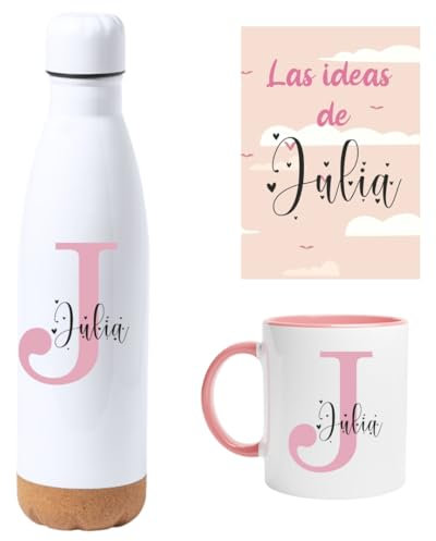 LA CASA DE LA TAZA | Pack Botella Termica Taza Personalizada y Libreta Personalizada | Personalizado Con Inicial y Nombre | Taza 350 ml | Termo 750 ml | Libreta A5 | Regalo Cumpleaños Mujer