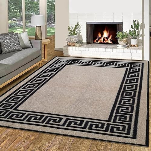 Cozy Haven Athena Rug – Large Washable Non-Slip Carpet for Living Room, Bedroom, Lounge, Dining, Kitchen Fluffy Thick Soft Modern Indoor Floor Rugs (Beige & Black, 120x170 cm)