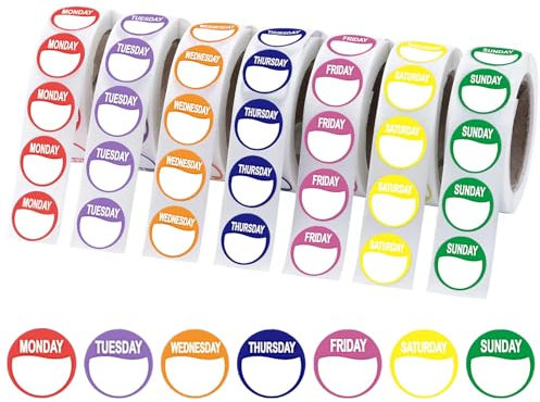 Days of The Week Stickers, 3500 Pcs Day Dots Food Labels Kitchen Date Stickers Label for Food Labeling Catering Full Week Days Dot 7 Roll