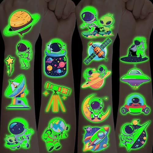 Weltraum Tattoos für Kinder,10 Blätter Leucht Weltall Kindertattoos Hautfreundlich Set Tattoos Zum Aufkleben,Mitgebsel Kindergeburtstag Geschenke Planeten Deko Astronaut Spielzeug Tattoo Kinder