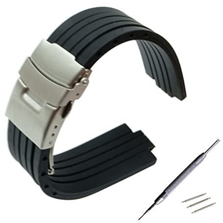 YONGNAGUI NASUNJIA 23mm 24mm x 9mm 10mm 11mm Konvexe Uhrenband Silikonkautschuk Armband Edelstahl Sicherheit Schnalle Strap Armband Armband Armband(Black_23mmX9mm)