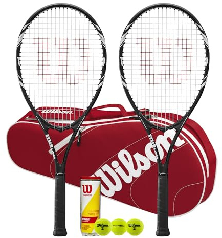Wilson Federer Tennisschläger Twin Set, Schwarz, mit Advantage Tennistasche und Bällen