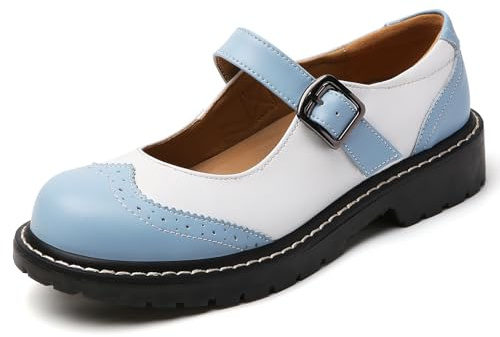 XMM Mary Jane Shoes Women Mary Janes Flats Ladies Saddle Oxford Shoes for Women Comfort Leather Round Toe Non-Slip Ankle Strap Dressy Casual Cute Girls Kawaii Lolita School Shoe White Size 8.0