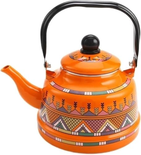 Orange Enamel Stovetop Teapot, Retro Tea Kettle with Geometric and Tree Patterns, Suitable for Gas Stoves, Induction Cookers (One Color 2.5L)
