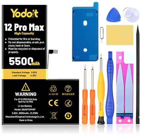 Yodoit Batería de repuesto de alta capacidad para iPhone 12 Pro Max de 5500 mAh, 0 ciclos para modelos A2342, A2410, A2411, A2412 con kits de herramientas de reparación completos