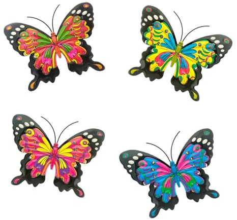 4 Stücke Dekorative Metall Schmetterlinge Schmetterling Groß Gartendeko Gartenzaun Schmetterlinge Wanddekoration für Garten und Wohnzimmer Bunte 3D Wandkunst Outdoor Deko für Terrasse und Balkon