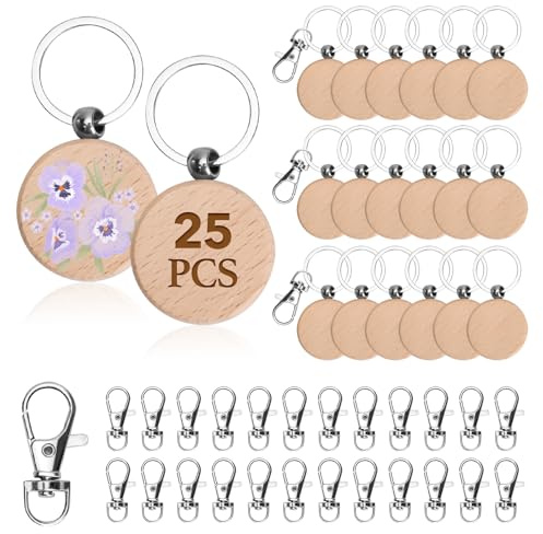 BZUEPRS 25Pcs Wooden Keyring Blanks & Keyring Clip, DIY Personalized Keyring Making Kit, Wooden Keychain Laser Engraving Blanks, Circular Key Fob for Painting, Crafts, Decoration, Gifts